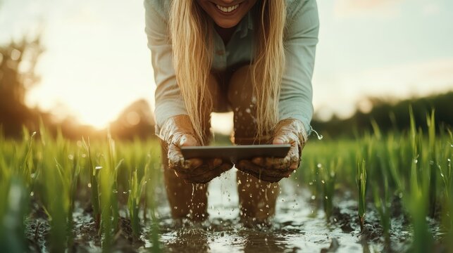 A joyful woman kneels in a lush rice field, her hands wet and muddy, while joyfully using a digital tablet to monitor her agricultural work in a serene environment.