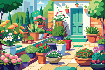 Blooming plants and colorful flowers decorate pots in a vibrant home garden, bringing nature's beauty to any interior