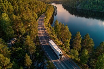 Obraz premium Bird s eye view of a truck and trailer on a winding road by a lake surrounded by pine forest at sunset in Karelia Russia Scenic transportation backdrop