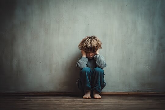 A young boy in a room corner feels scared and alone covering his ears Issues include bullying child isolation autism awareness and trauma affecting development - Powered by Adobe