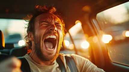 A frustrated driver captured in a moment of intense emotion amidst a traffic jam during sunset, representing the challenges of urban living and the struggles of daily commute.