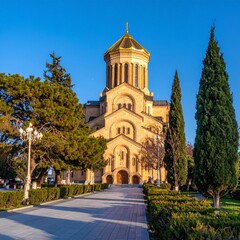 A stunning front view of the Tsminda Sameba (Holy Trinity) Cathedral in Tbilisi