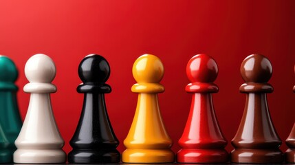 A vibrant arrangement of chess pawns on a bright red background symbolizes strategy, diversity, and competitive spirit in the game of chess, representing various players.