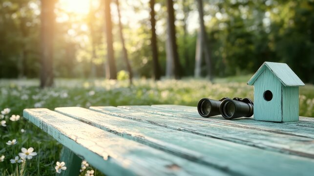 A tranquil scene featuring a birdhouse and binoculars on a rustic table, surrounded by lush greenery, inviting nature enthusiasts to explore the beauty of the outdoors.