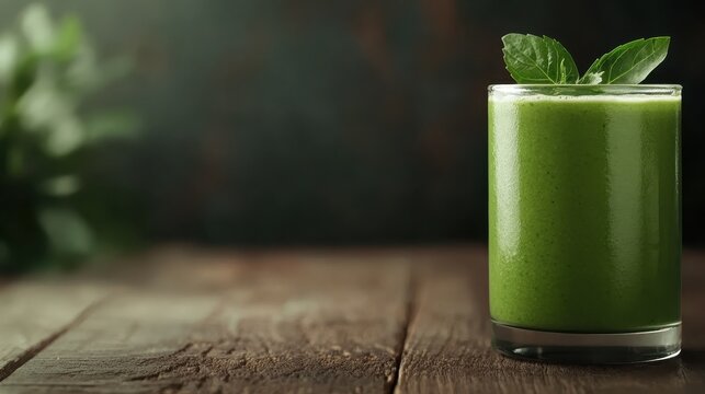 A nutrient-packed green smoothie in a glass, embellished with fresh herbs, represents health, vitality, and the trend of nutritious living in a modern, sustainable lifestyle.