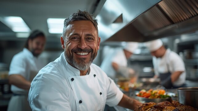 A smiling chef in a bustling restaurant kitchen, surrounded by staff preparing elegant dishes, reflecting the joyful atmosphere and culinary artistry of cooking.