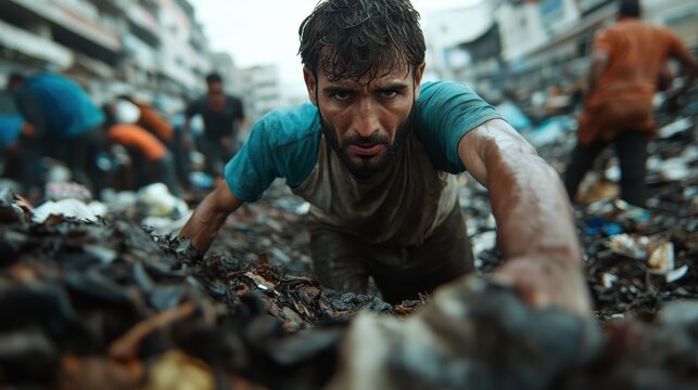 A determined man crawling through a littered area, capturing the harsh reality of life, illustrating resilience and the human spirit in challenging circumstances.
