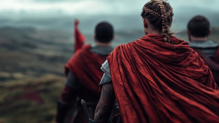 Three warriors in flowing red cloaks stand poised against a breathtaking landscape, evoking a sense of power, camaraderie, and adventure, reminiscent of historical epics.