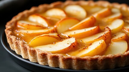 A beautiful apple tart with golden apple slices baked to perfection sits on a tray, emanating warmth and inviting comfort, celebrating the joy and beauty of homemade desserts.