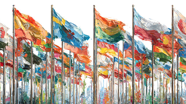 Colorful flags of various countries from around the world wave gently in the breeze, densely packed on a white background, creating a vibrant and patriotic display.
