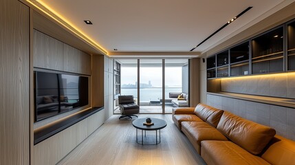 Modern living room with integrated entertainment center.