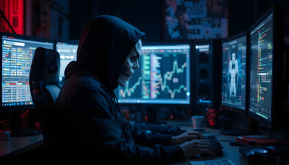 Hacker wearing hoodie and anonymous mask in the dark room while watching the multiple monitors. Digital criminal

