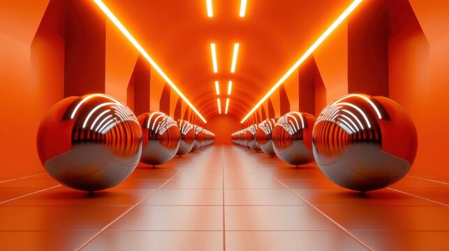 An intriguing futuristic corridor lined with glowing orbs, deepening the vibrant atmosphere and creating an engaging visual experience through light and symmetry.