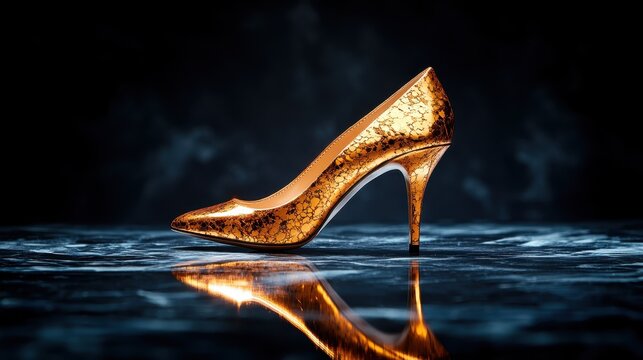 A striking golden high heel shoe elegantly perched on a reflective surface, highlighting its stylish design and shimmering texture in a dramatic setting.