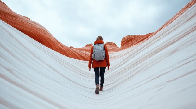 A person hiking through stunning striped rock formations in a canyon, emphasizing the vast beauty of nature and the adventurous spirit of exploration.