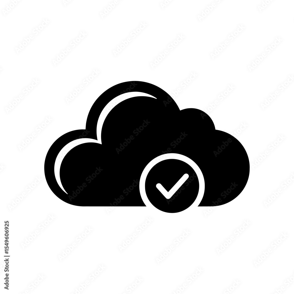 Poster verified cloud storage icon with a checkmark for successful data backup a glyph for an approved and 