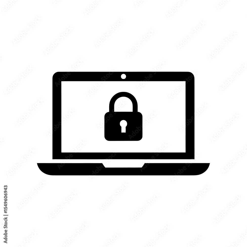 Poster laptop security icon with a lock for computer data protection a glyph symbol for a secure device sys