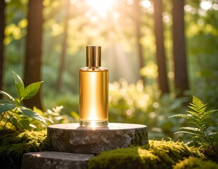 Perfume Bottle on Stone in Forest Sunlight