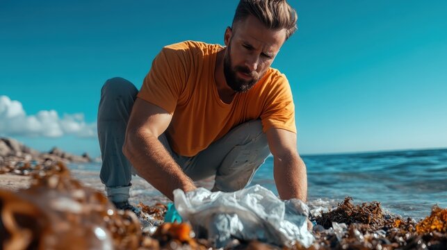 A determined man bends down to collect plastic waste from a beautiful beach, emphasizing environmental responsibility and the importance of conservation in our world.
