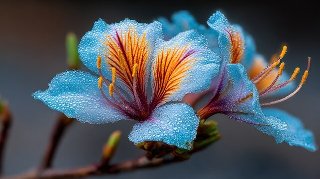 Close-up of vibrant light-blue flowers with dew drops and orange-yellow accents
