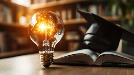 A glowing lightbulb next to an open book and graduation cap symbolizes the power of ideas and knowledge, representing education and inspiration for lifelong learning and creativity.