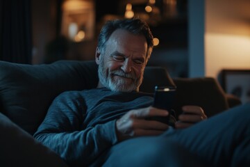 An older man relaxing on a couch, holding his phone and smiling.