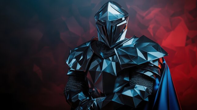 A striking futuristic knight stands confidently, adorned in a faceted black armor, evoking a sense of strength and mystery against a dynamic abstract background.