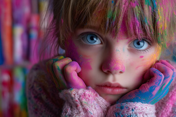 Colorful Portrait of a Child with Holi Powder on Face – Celebration and Innocence