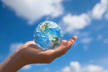 Earth held in hand under blue sky Eco friendly message