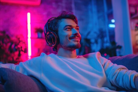 Image of a joyful young man in headphones conversing online with friends while gaming in a modern neon studio