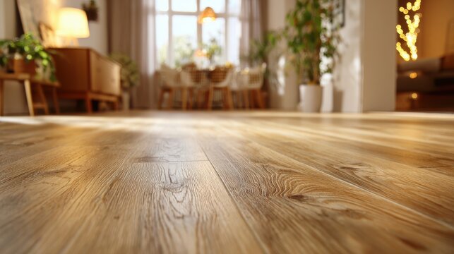 High-quality stock image of low angle shot focuses on luxury vinyl plank flooring inside home. Floor wood planks create warm, cozy ambiance in house interior. Laminate parquet design.