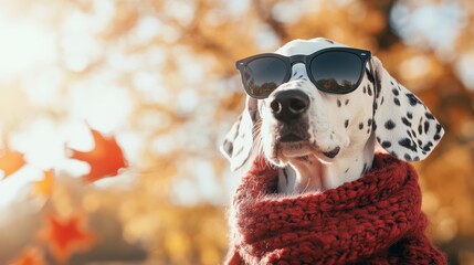 A fashionable Dalmatian dog poses in sunglasses, wrapped in a cozy scarf, amidst a backdrop of colorful autumn leaves, capturing style and canine charm.