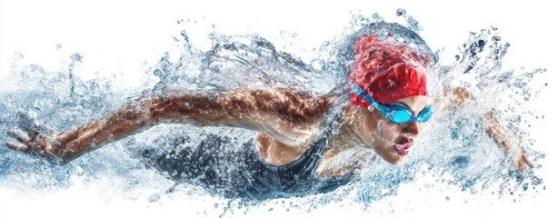 The determined swimmer breaking through the water with powerful strokes.