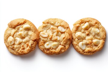 Naklejka premium Bird s eye view of three gourmet cookies with white chocolate and macadamia nuts on a white surface
