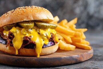 Beef sandwich combo with cheese sauce eggplant shredded potatoes pickles and fries on a wooden table Space for text