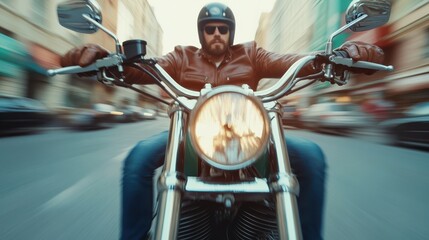 Fototapeta premium A rugged biker speeds through an urban environment, embodying freedom and adventure, while showcasing the dynamic energy of city life and the thrill of motorcycle culture.