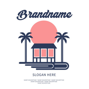 Beach House Logo with Sunset and Palm Trees

