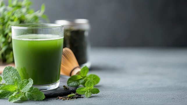 This vibrant green drink is served in a glass with mint leaves and hints of tea in the background, conveying a sense of freshness and healthful living.
