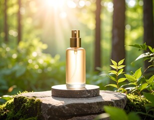 Perfume Bottle on Stone in Forest Sunlight