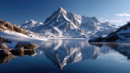 Snow covered mountains reflecting in lake