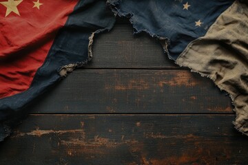 Worn flag draped on weathered wood