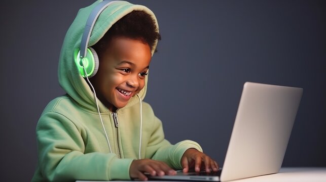 A young boy with headphones smiling while using a laptop computer device