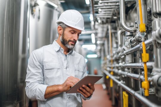 Engineer uses tablet to inspect milk quality in dairy factory