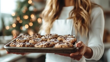 A warm image of a smiling woman holding a tray of freshly baked cookies, evoking feelings of comfort and joy, capturing the essence of home cooking and celebration in culinary art.