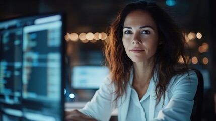 Obraz premium A well-lit image of a confident woman working intently on a computer at night, symbolizing focus, empowerment, and the modern workspace emphasizing technology and productivity.