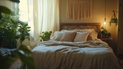 Bedroom with white linens, potted plants, and rustic decor.