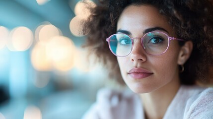 A close-up of a thoughtful woman wearing stylish glasses, immersed in deep contemplation, capturing a moment of introspection amid a softly blurred background.