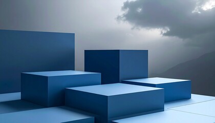 A moody sky with cool slate tones and soft gradients hovers over faintly lit abstract forms in a minimal setting.