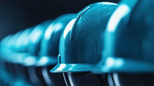 A visually striking arrangement of blue hard hats lined up, representing safety, teamwork, and the dedication of workers in construction or industrial environments.