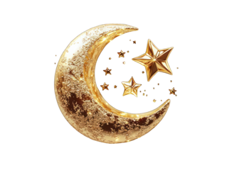 Golden crescent moon with glittering stars against a black background.  Detailed, textured gold moon and stars